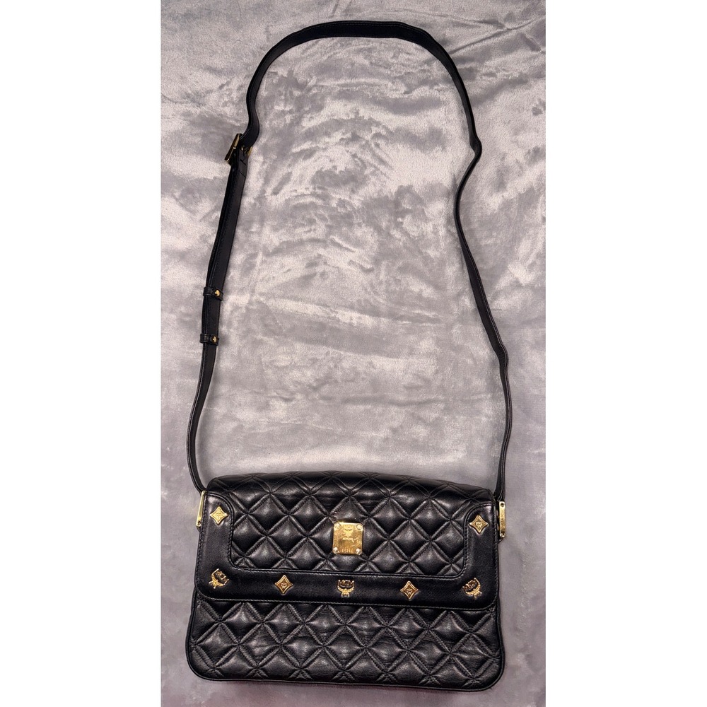 MCM Black Quilted Leather Crossbody Bag Gold Studded Logo‎ Flap Shoulder Bag